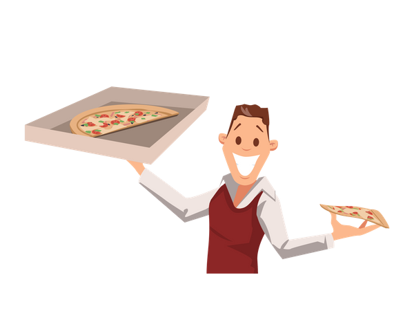 Funcionário de escritório segurando caixa de pizza e fatia  Ilustração