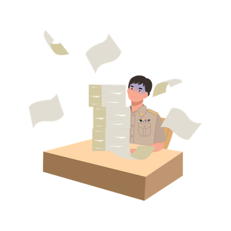 Funcionario del gobierno tailandés masculino con una hoja de trabajo de papel demasiado sobrecargada en el escritorio  Ilustración