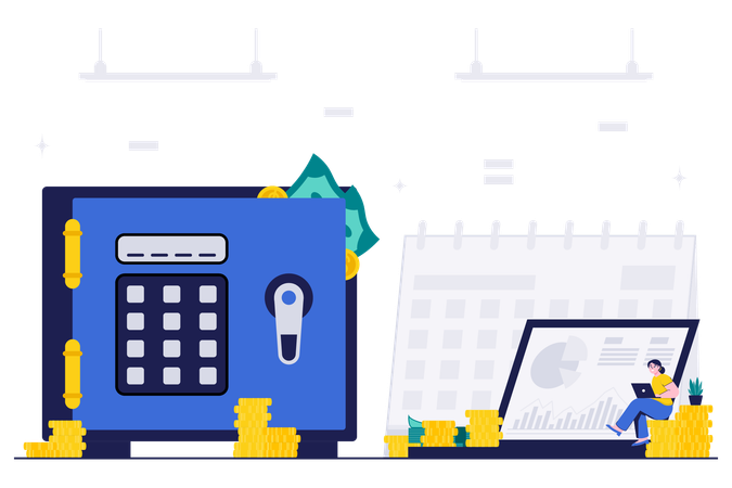 Funcionário economizando dinheiro em caixa cheia de dinheiro  Ilustração