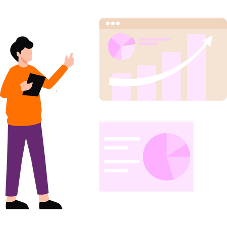 O funcionário está apontando em gráficos de negócios  Ilustración