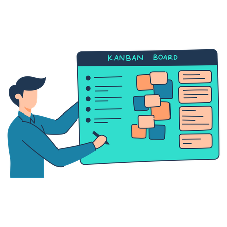 Funcionário está apresentando no quadro Kanban  Ilustração