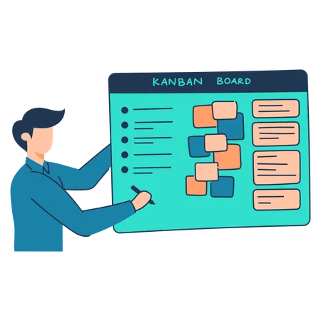 Funcionário está apresentando no quadro Kanban  Ilustração