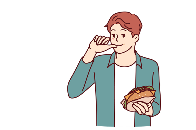 Funcionário está comendo hambúrguer  Ilustração