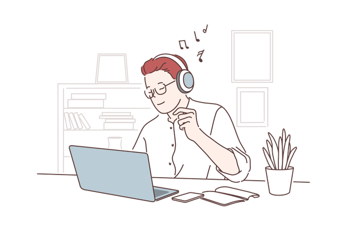 Funcionário está ouvindo música enquanto trabalha no laptop  Ilustração