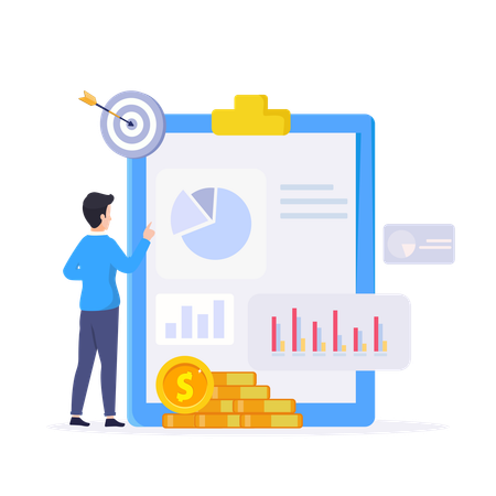 Funcionário explica relatório financeiro em reunião  Ilustração