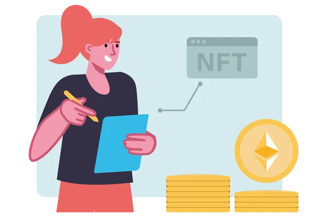 Funcionário explicando sobre o mercado NFT  Ilustração