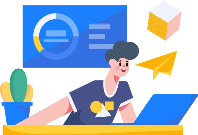 Funcionário fazendo email marketing  Ilustração