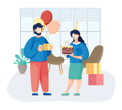 Funcionário masculino e feminino comemorando festa de aniversário no escritório  Ilustração