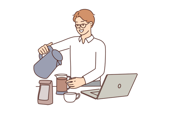 Funcionário masculino fazendo café no trabalho  Ilustração