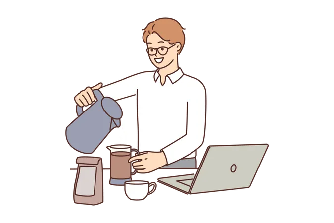 Funcionário masculino fazendo café no trabalho  Ilustração