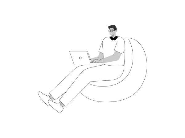 Funcionário masculino sentado no pufe com laptop  Ilustração