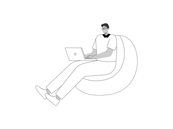 Funcionário masculino sentado no pufe com laptop  Ilustração