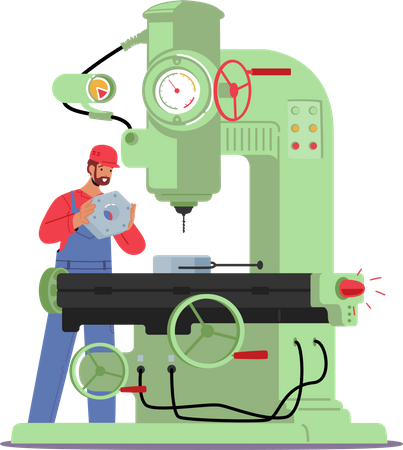 Empregado industrial trabalhando em máquina na planta  Ilustração