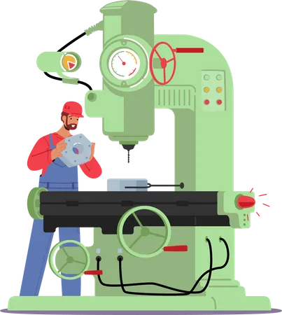 Empregado industrial trabalhando em máquina na planta  Ilustração