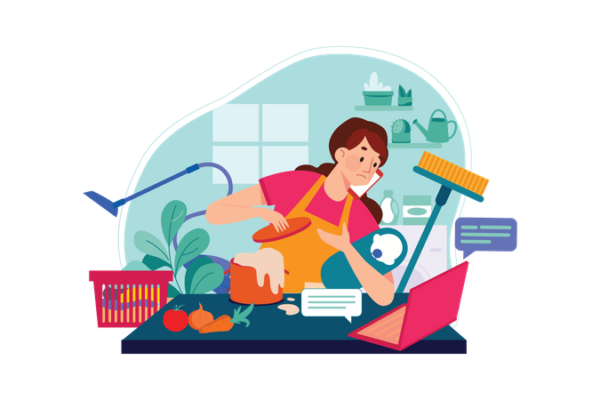 Funcionário limpando pratos enquanto trabalha em casa  Ilustração