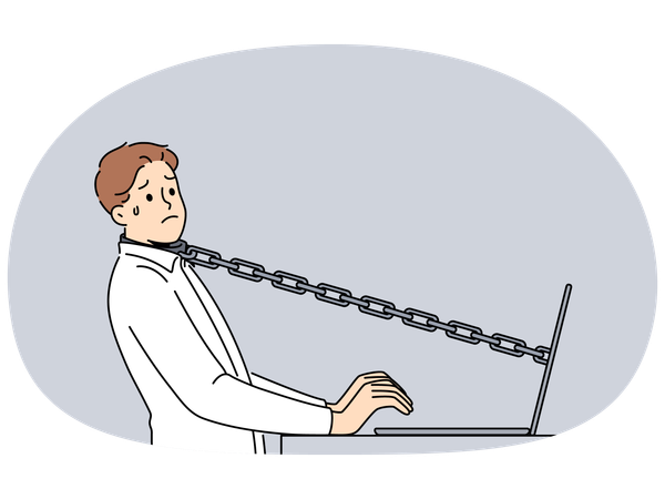 Funcionário estressado amarrado com corrente ao computador  Ilustração