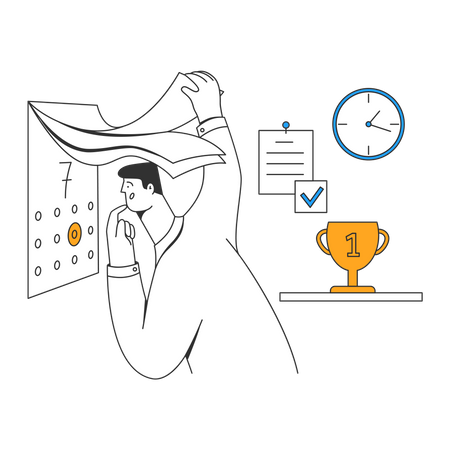 Funcionário masculino olha para o calendário no escritório  Illustration