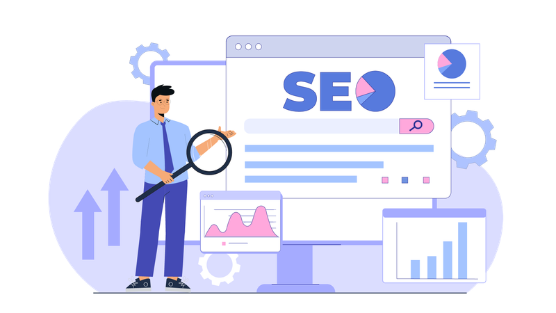 Funcionário pesquisando sobre gerenciamento de SEO  Ilustração