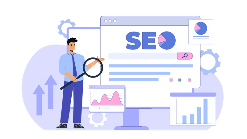 Funcionário pesquisando sobre gerenciamento de SEO  Ilustração