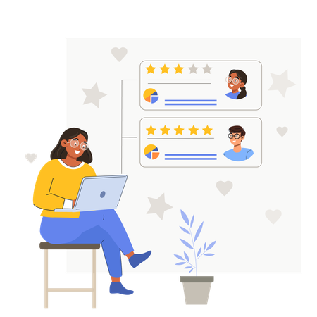 Funcionário analisando feedbacks de clientes on-line  Ilustração