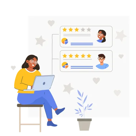 Funcionário analisando feedbacks de clientes on-line  Ilustração