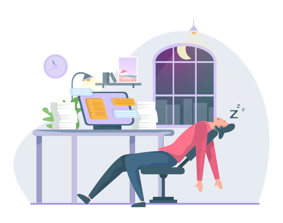 Funcionário se sente cansado depois de trabalhar até tarde da noite  Ilustração