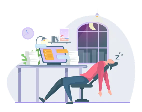 Funcionário se sente cansado depois de trabalhar até tarde da noite  Ilustração