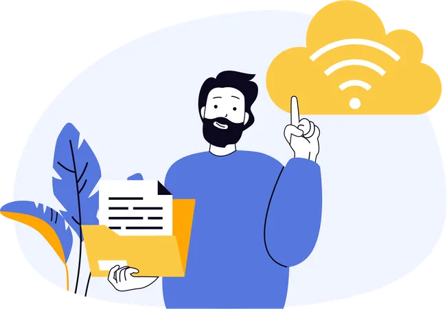 Funcionário trabalha com tecnologia wifi em nuvem  Ilustração