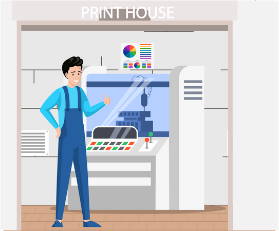 Empregado trabalhando em máquina de impressão industrial  Ilustração