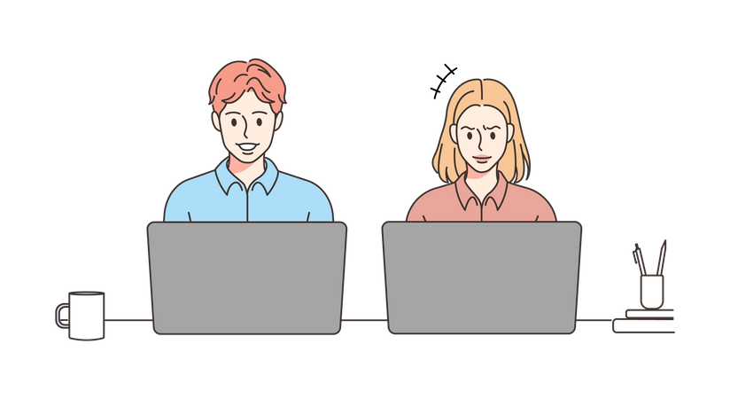 Empregado trabalhando juntos no laptop  Ilustração