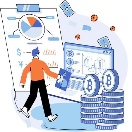 Funcionário trabalhando em gráfico de bitcoin  Ilustração