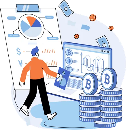 Funcionário trabalhando em gráfico de bitcoin  Ilustração