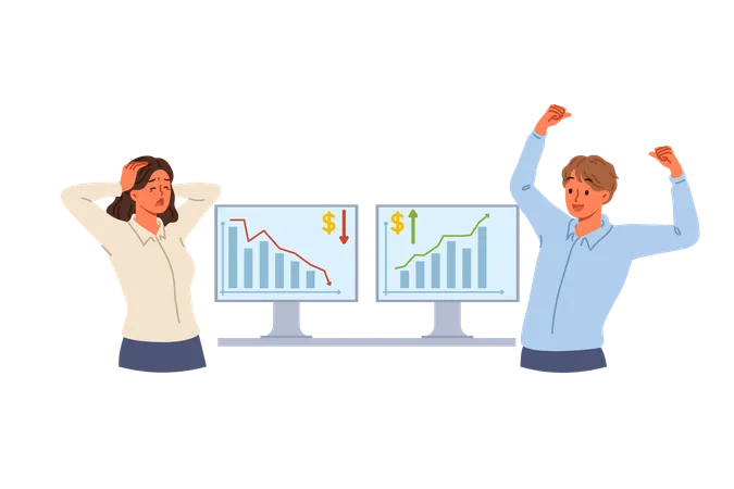 Os funcionários da bolsa de valores experimentam fortes emoções quando perdem e obtêm lucros com investimentos  Ilustração