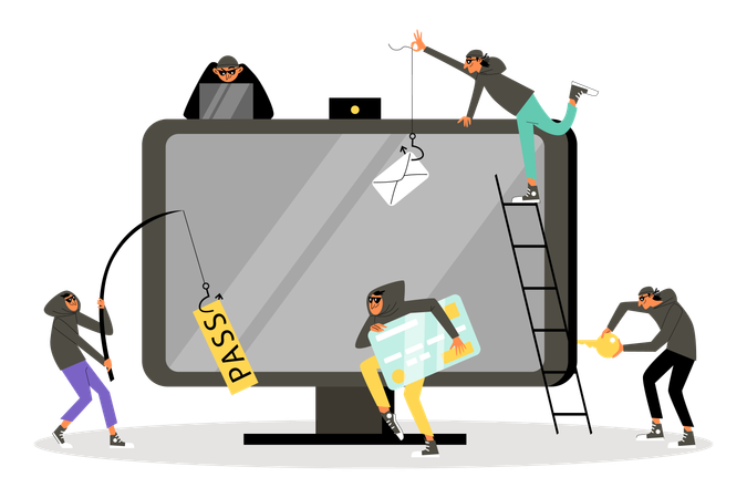 Funcionários cometendo ataques cibernéticos e phishing  Ilustração
