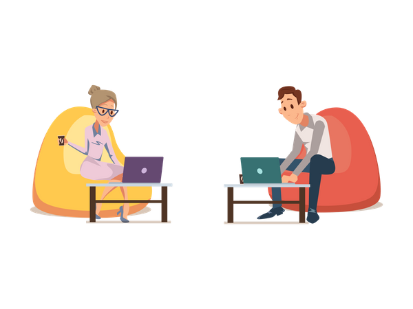 Funcionários de escritório trabalhando no laptop e sentados no pufe  Illustration