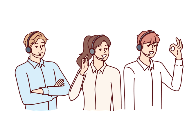 Funcionários de suporte ao cliente usam fone de ouvido com microfone para fazer vendas por telefone  Ilustração