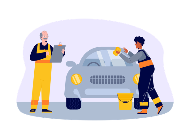 Funcionários do centro de manutenção de automóveis  Ilustração