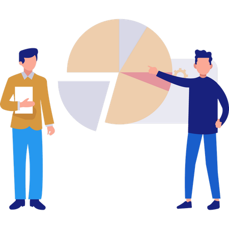 Os funcionários estão discutindo o gráfico de pizza de negócios  Ilustração