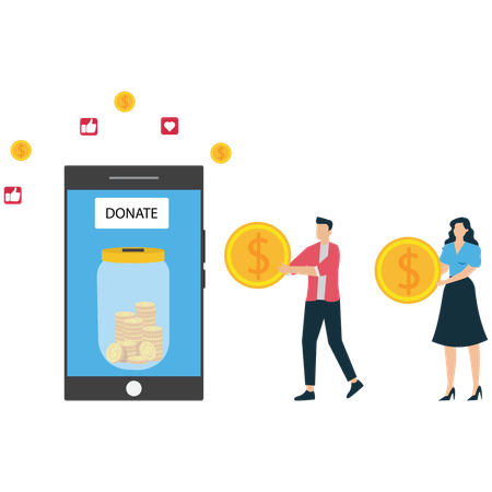 Funcionários fazendo campanha de arrecadação de fundos online  Ilustração