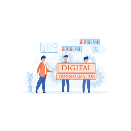Funcionários mostrando a direção futura do chefe da empresa com Transformação Digital em cartões de quadro branco  Ilustração