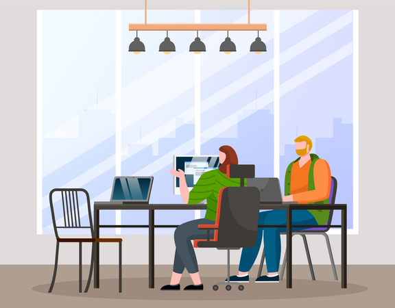 Funcionários sentados em frente a computadores e trabalhando com dados comerciais  Ilustração
