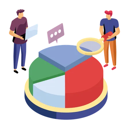 Funcionários trabalham em gráficos de pizza financeiros  Ilustração