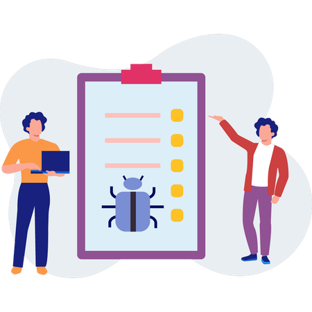Funcionários verificando lista online de vírus de bug  Ilustração