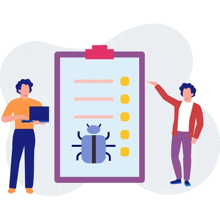 Funcionários verificando lista online de vírus de bug  Ilustração