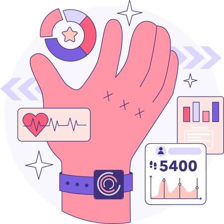 Funciones de reloj inteligente portátil, como podómetro de seguimiento cardíaco  Ilustración