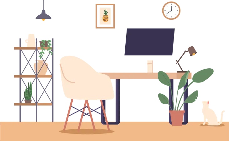 Functional Workspace With Desk And Computer Ideal For Productivity Studying Or Remote Work Providing A Comfortable And Efficient Environment For Tasks And Digital Activities Vector Illustration イラスト
