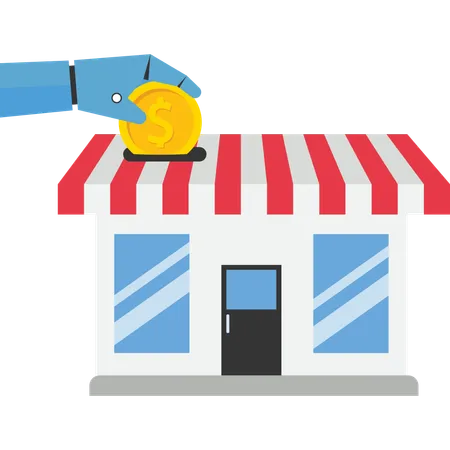 Funding Small Business Robot Hand Insert Coin Into Small Business Store Backing Startup Project Or Banking Loan To Start New Business Automatic Investment Or Smart Savings To Open New Shop Vector Illustration