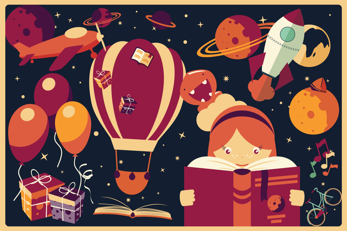 Fundo com itens de imaginação e uma garota lendo um livro, balões, foguete, espaço, planetas  Ilustração