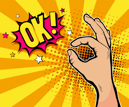 Fundo de arte pop com mão masculina de terno mostrando ok cantar e OK!  Ilustração