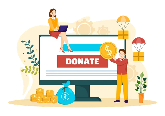 Fundraising Charity And Donation Vector Illustration With Volunteers Putting Coins Or Money In Donate Box In Financial Support Cartoon Background 일러스트레이션